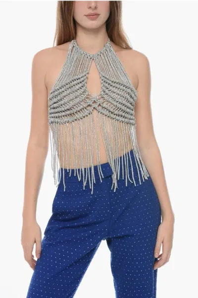 Giuseppe Di Morabito Woven Halter Top With Rhinestone In Gray