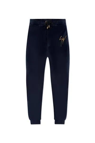 Giuseppe Zanotti Logo Embroidered Velvet Pants In Navy