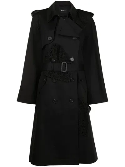 Goen J Double-breasted Lace-paneled Trench Coat In Black