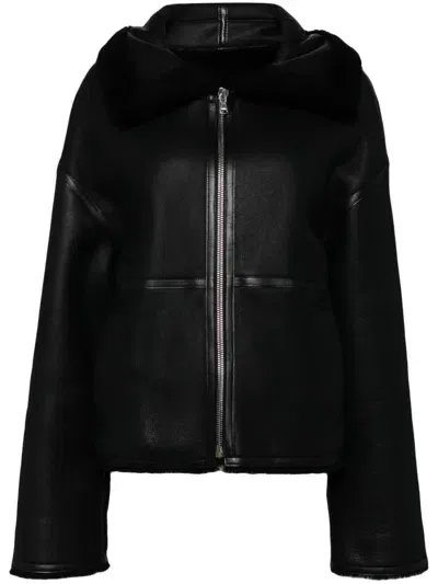 Goen J Shearling-lined Aviator Leather Jacket In Black