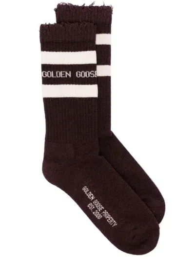 Golden Goose Distressed Striped Socks In Burgundy