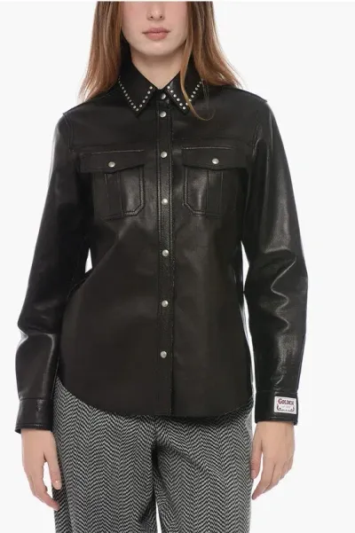 Golden Goose Leather Raw-cutted Shirt With Studdes Detail In Black