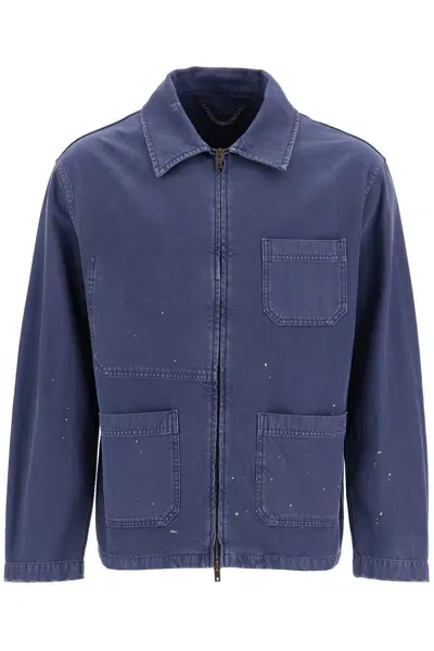 Golden Goose Blue Cotton Shirt Jacket With Splash Details