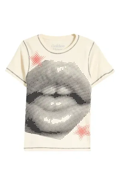 Golden Hour Halftone Lips Print Cotton Graphic T-shirt In Washed Bone White