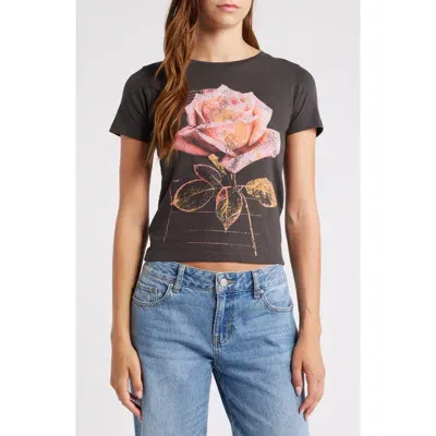 Golden Hour Pink Rose Cotton Graphic Baby Tee In Pirate Black