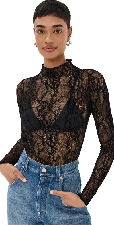 Good American Lace Long Sleeve Thong Bodysuit Black001