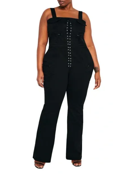 Good American Lace-up Utility Twill Jumpsuit In Black001