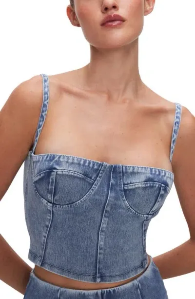 Good American Sculpt Bustier Denim Crop Top In Indigo