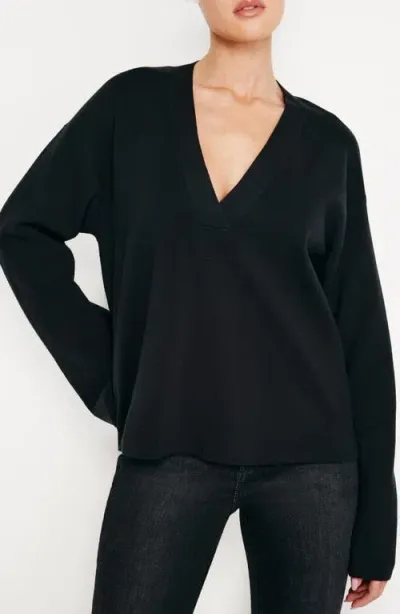 Good American V-neck Boxy Cotton Blend Sweater In Black