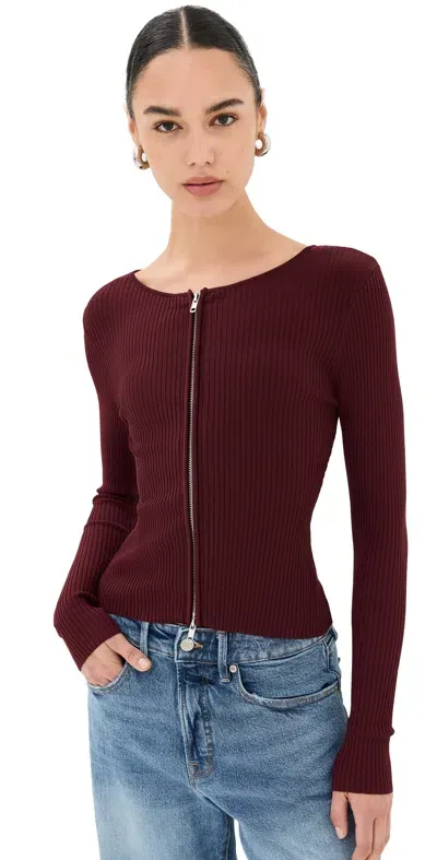 Good American Virgo Rib Zip Front Sweater Oxblood002 In Purple