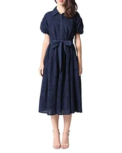 Gracia Eyelet Cotton Tie Waist Midi Dress In Navy