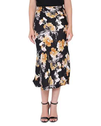 Gracia Floral Print Satin Fishtail Midi Skirt In Black