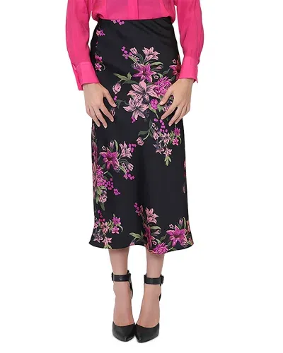 Gracia Floral Print Satin Fishtail Midi Skirt In Black