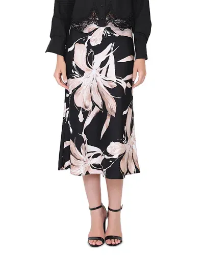 Gracia Floral Print Satin Fishtail Midi Skirt In Black