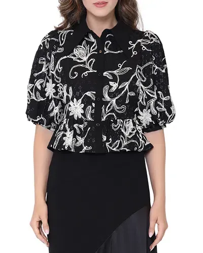 Gracia Lace Embroidered Puff Sleeve Top In Black