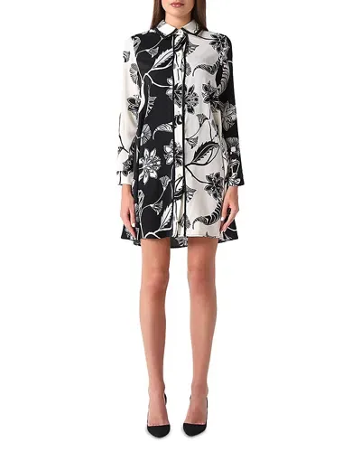 Gracia Two Tone Exotic Prints Faux Pearl Button Tunic In Black/ White