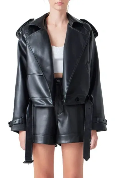 Grey Lab Faux Leather Trench Jacket In Black