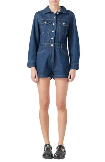 Grey Lab Long Sleeve Denim Romper In Navy