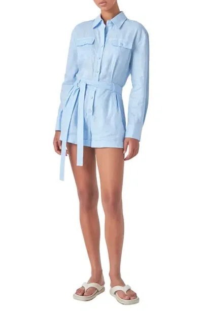 Grey Lab Long Sleeve Linen Romper In Blue