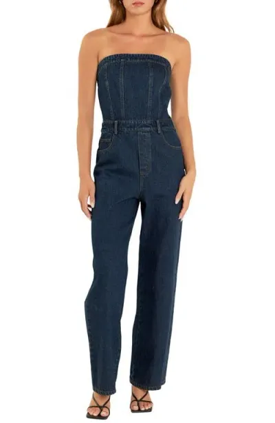 Grey Lab Strapless Corset Denim Jumpsuit In Navy