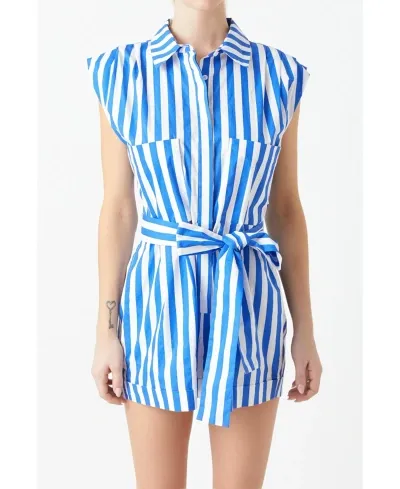 Grey Lab Stripe Pintuck Tie Belt Romper In Blue