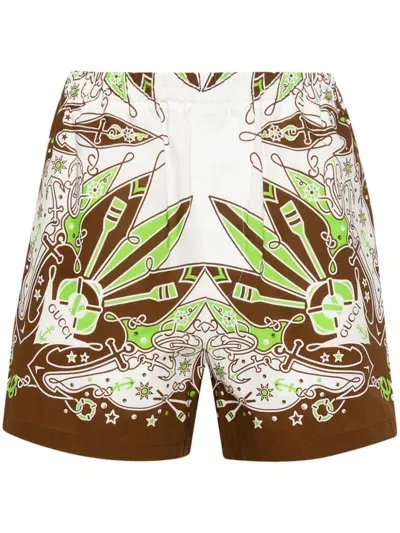 Gucci Bandana Print Cotton Shorts In Brown