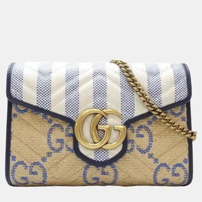 Pre-owned Gucci Beige Blue Leather X Raffia Gg Marmont Chain Wallet