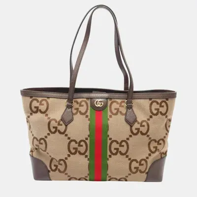 Pre-owned Gucci Beige Brown Multicolor Canvas Leather Medium Tote Jumbo Gg Sherry Line Bag