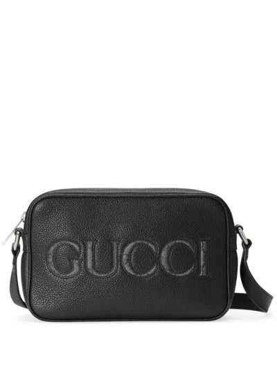 Gucci Logo-embroidered Leather Mini Shoulder Bag In Black