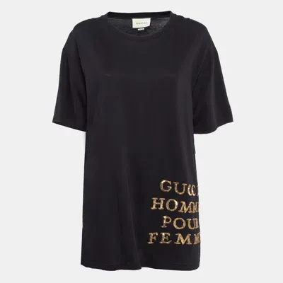 Pre-owned Gucci Black Logo Sequin Embroidered Cotton Oversized T-shirt S