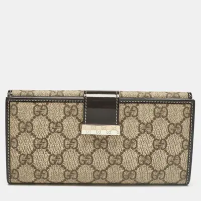 Pre-owned Gucci Brown/beige Gg Supreme Canvas And Patent Leather Metal Flap Continental Wallet