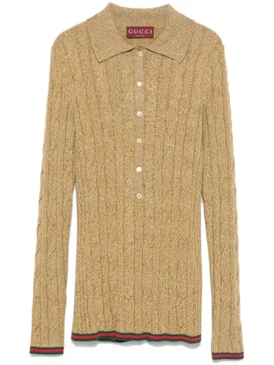 Gucci Cable-knit Wool Polo Top In Yellow