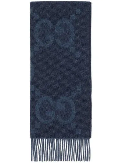 Gucci Gg-pattern Fringed Scarf In Blue