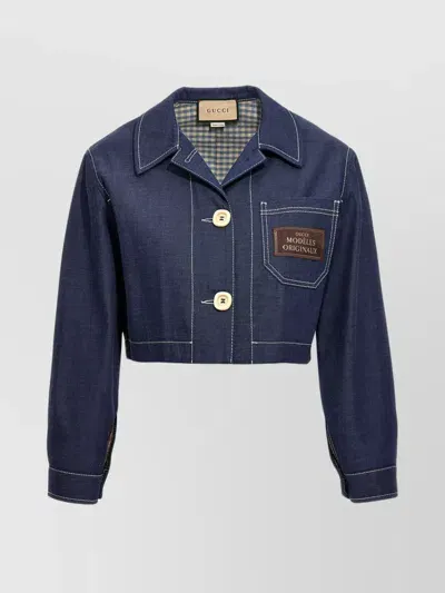 Gucci Logo Patch Detail Denim Cropped Jacket In Blue