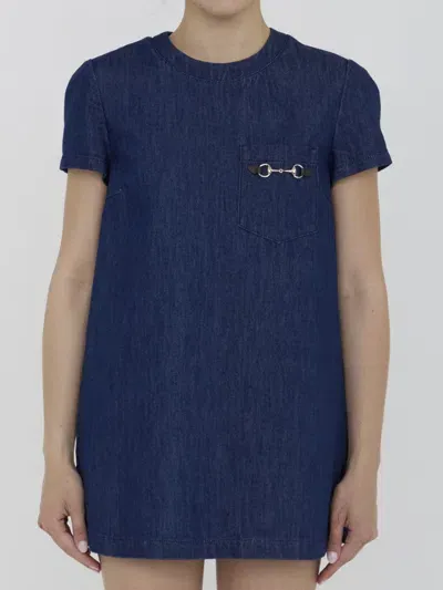 Gucci Denim Dress With Horsebit In Blue