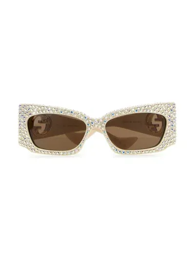 Gucci Double G Rhinestone-embellished Sunglasses In Brown