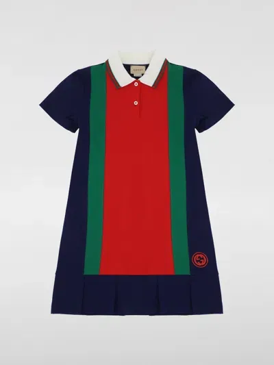 Gucci Kids' Web Heavy Cotton Polo Dress In Blue