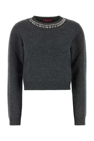 Gucci Embellished Crewneck Knit Jumper In Grey