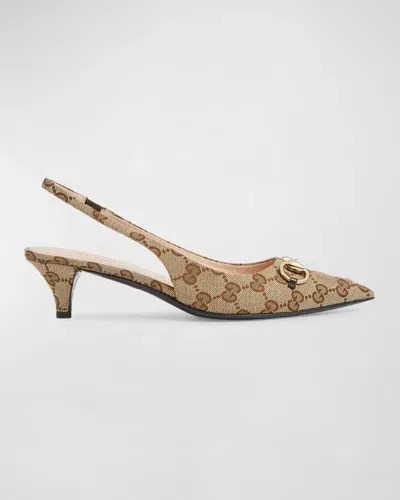 Gucci Erin Gg Canvas Bit Slingback Pumps In Beige Ebony