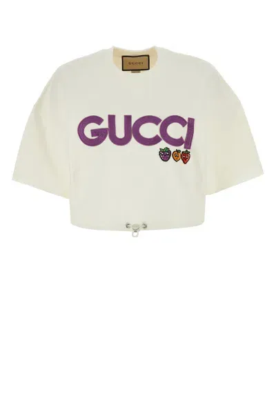 Gucci Oversize Cotton T-shirt Cropped Ribbed Collar In White