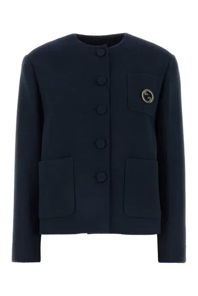 Gucci G Brooch Tweed Jacket In Navy