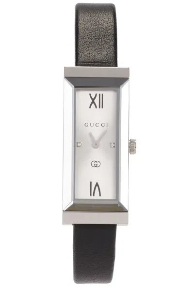 Gucci G Frame Watch In Stainless Steel & Black Leather