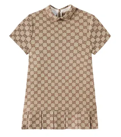 Gucci Kids' Gg Canvas Pleated Dress In Camel/ebony