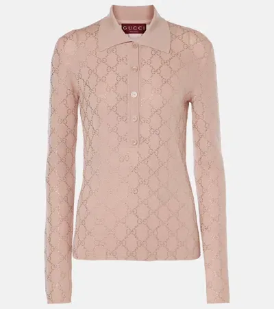 Gucci Gg Crystal Wool Polo Sweater In Pink