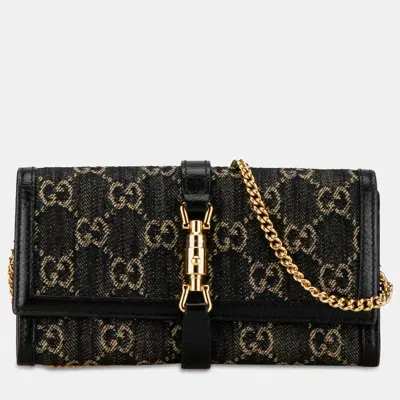 Pre-owned Gucci Gg Denim Jackie 1961 Wallet On Chain In Black