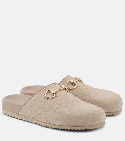 Gucci Sol Horsebit Suede Mules In Neutrals