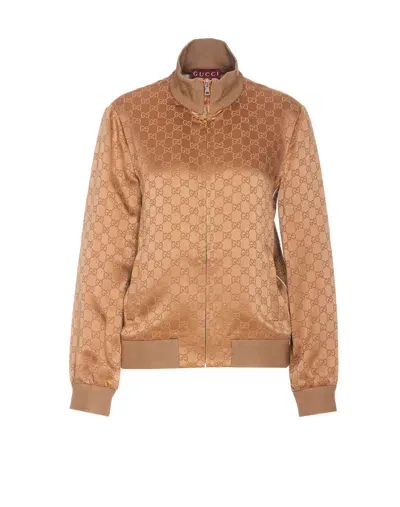 Gucci Gg Logo Zip Sweatshirt In Beige