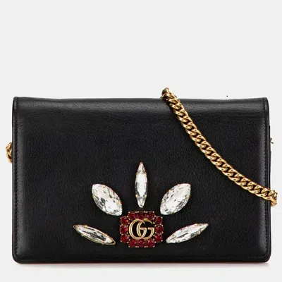 Pre-owned Gucci Gg Marmont Embellished Wallet On Chain In Black