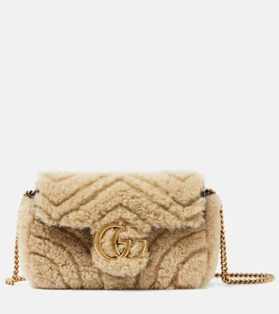 Gucci Gg Marmont Mini Shearling Shoulder Bag In Beige