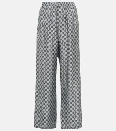 Gucci Gg Silk Twill Wide-leg Pants In Blue White Mc